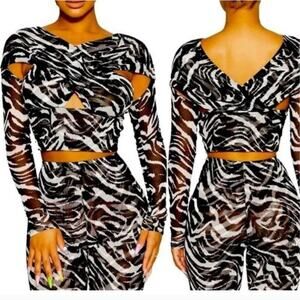 Naked Wardrobe NEW Zebra Mesh Criss Cross Wrap Cutout Top L